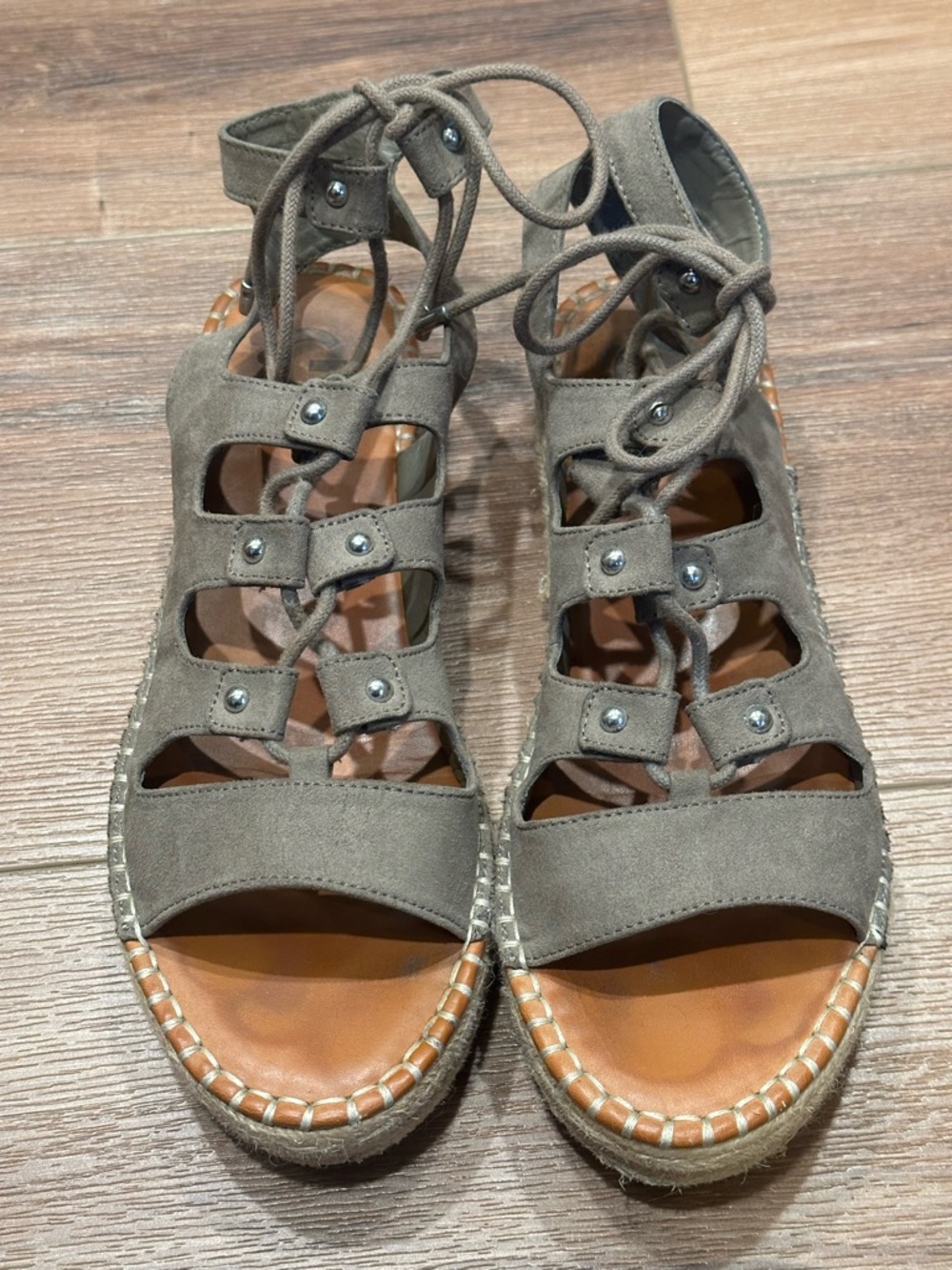 Guess Taupe Lace-Up Gladiator Wedge Sandals